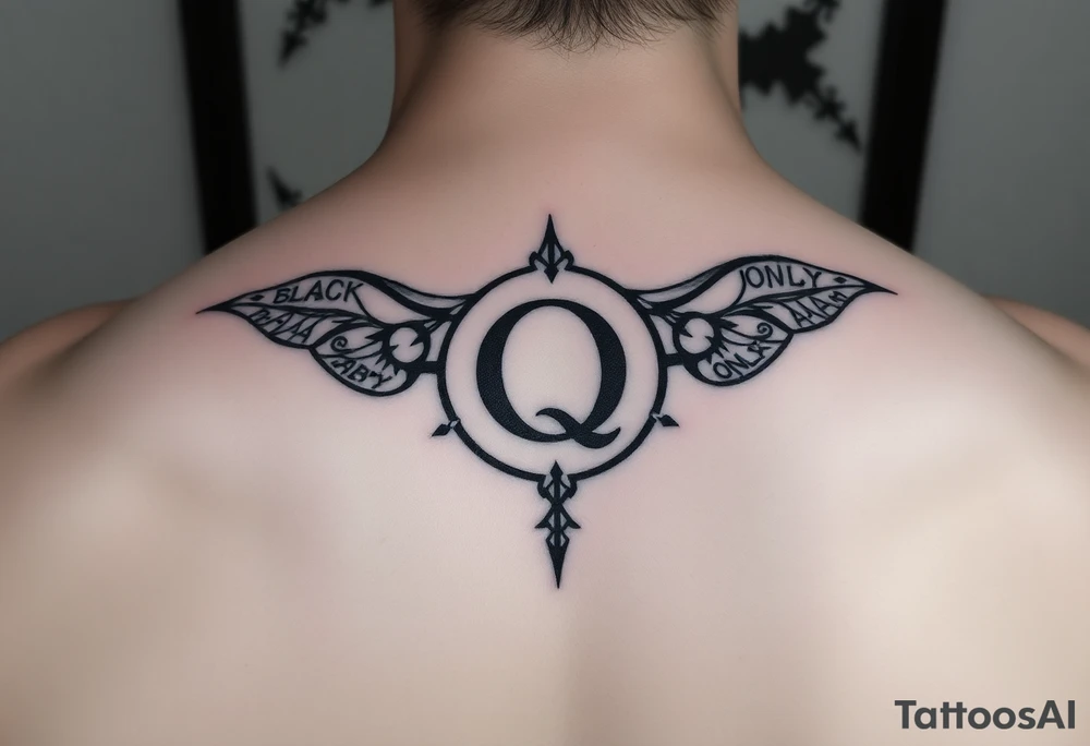 A womb tattoo with a Q in the center, with three points around the outside. The first reading, "BLACK". The second reading, "BABY". The third reading, "ONLY". tattoo idea