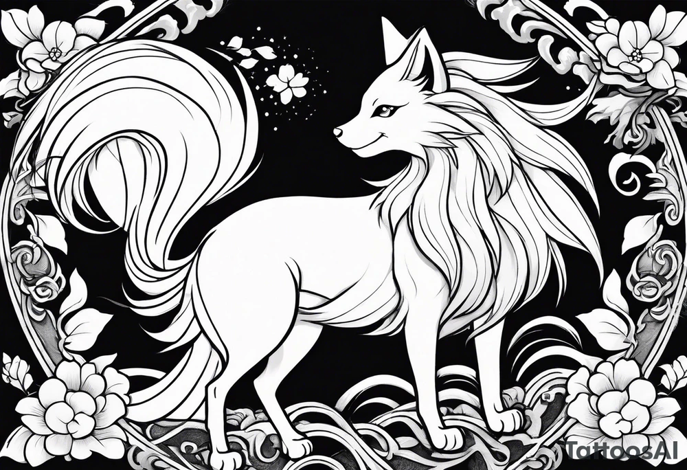 ninetails facing us, small and cute, it's in the center while the tails are surrounding the background tattoo idea