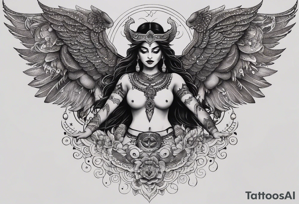 black kali, goddess pirate, alien, angel, pachamama, valkrye, warrior, flying, skull, lotus azul, wing, eagle, zenza resonance, stars, 5D, anahata chakra, death, durga, riding on a tiger, flying lady, chest tatoo tattoo idea