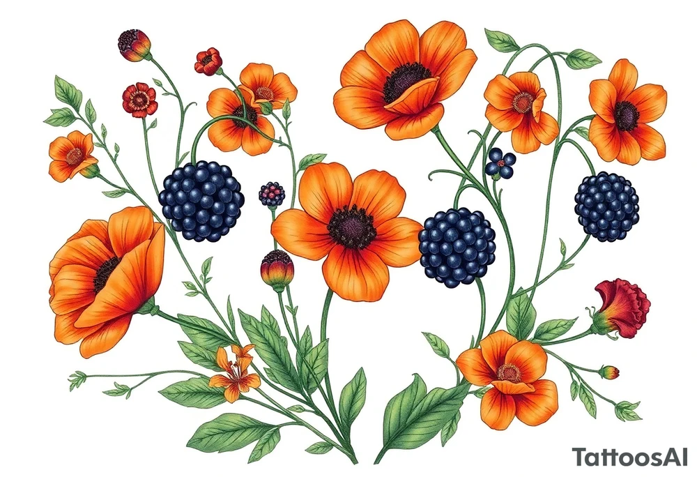 California wildflowers, poppies, and orange and orange blossoms. Blackberries plant/flower. tattoo idea