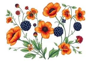 California wildflowers, poppies, and orange and orange blossoms. Blackberries plant/flower. tattoo idea