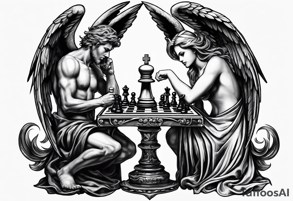 angel vs devil playing chess tattoo idea