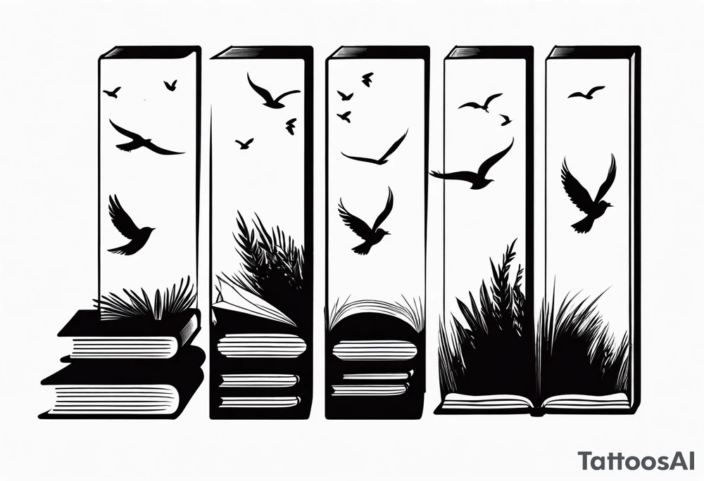 Stack of three books. Top book is open with silhouettes of birds flying out of it. tattoo idea