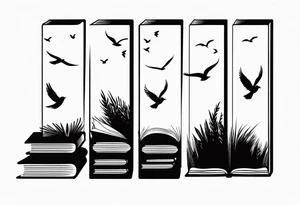 Stack of three books. Top book is open with silhouettes of birds flying out of it. tattoo idea