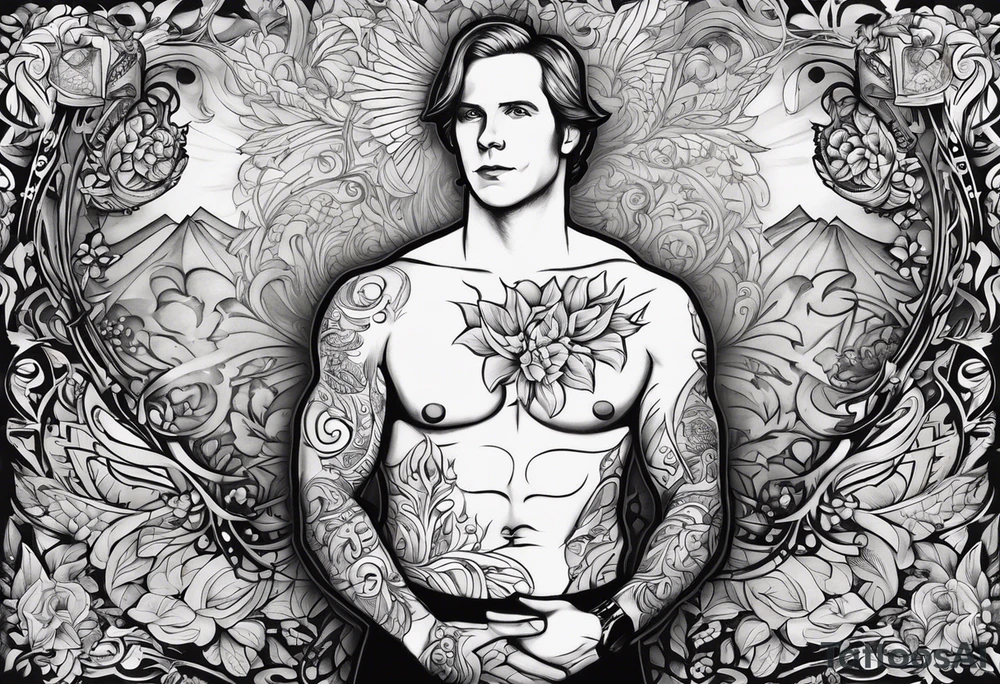 Joseph Smith Jr. without a shirt, and all his polygamist wives names tattooed on his arms and chest tattoo idea