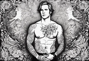 Joseph Smith Jr. without a shirt, and all his polygamist wives names tattooed on his arms and chest tattoo idea