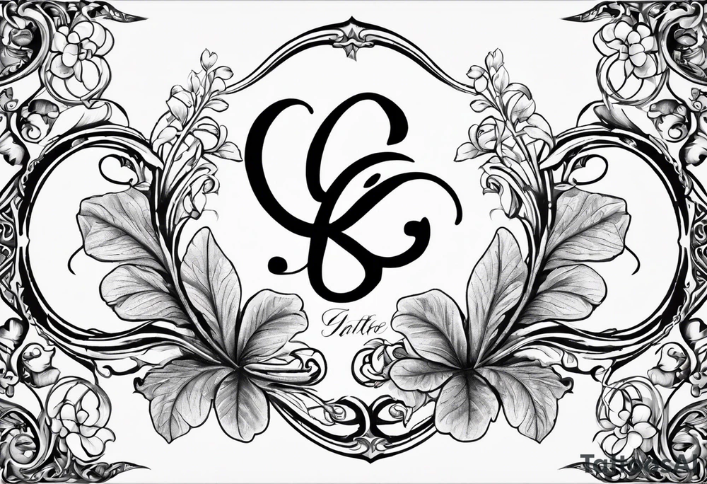 fine line three leaf clover with vine, and the initial G in one leaf, T in another leaf, and a combined JK in the middle leaf tattoo idea