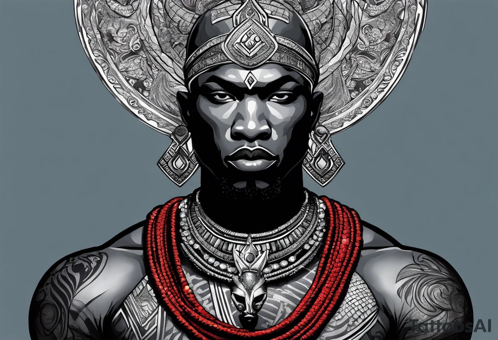 Black-skinned bald african god of war. He has a silver crown. He wears two simple necklaces: one blue, other red. Looking front tattoo idea