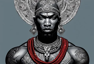 Black-skinned bald african god of war. He has a silver crown. He wears two simple necklaces: one blue, other red. Looking front tattoo idea