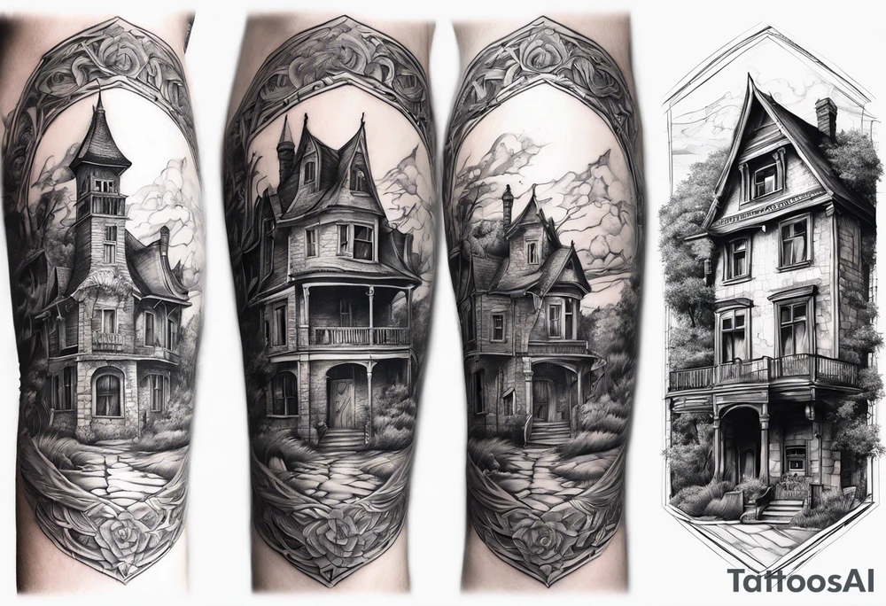 fool sleeve,, abandoned old gotic house, broken sword tattoo idea