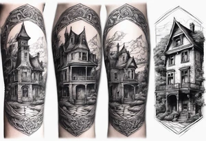 fool sleeve,, abandoned old gotic house, broken sword tattoo idea