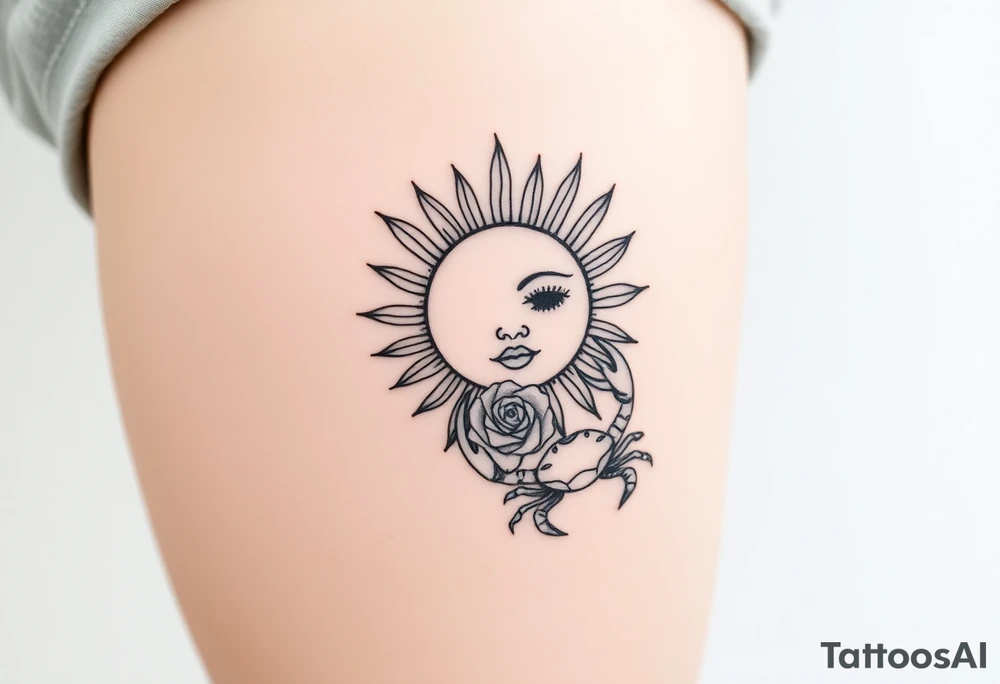 Traditional sun with simple face, Sun, rose and crab tattoo idea