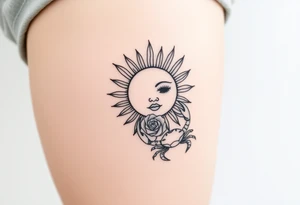 Traditional sun with simple face, Sun, rose and crab tattoo idea