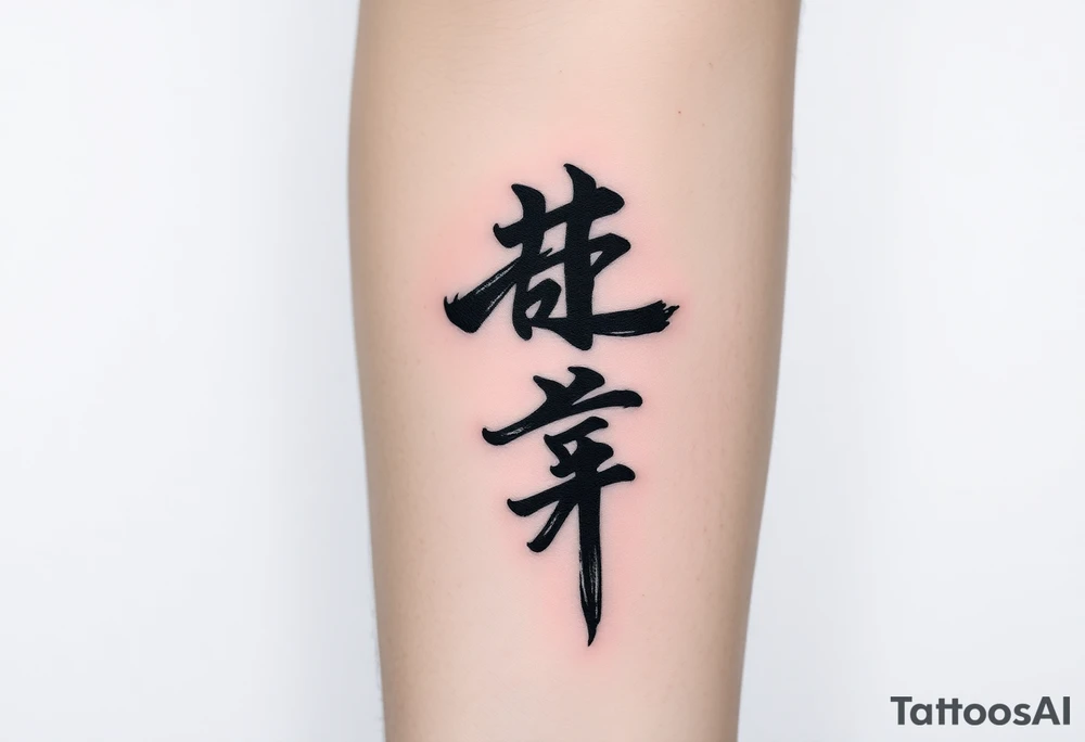 A black and gray tattoo design featuring the Japanese kanji 成長 (growth) and 忍耐 (perseverance), arranged vertically in bold brushstroke ink style. Surround the kanji with subtle martial arts symbolism, like a BJJ belt or grappling figures in motion. Incorporate inspirational energy similar to Kobe Bryant’s Mamba Mentality or Stephen Curry’s faith and discipline, reflected through minimalist elements like a subtle basketball silhouette or flame. The design should feel powerful, clean, and philosophical tattoo idea