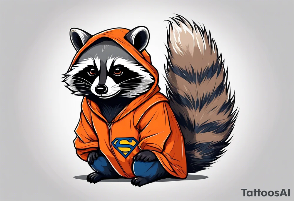 Raccoon wearing an orange Superman hoodie tattoo idea