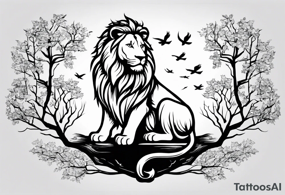The lion of Judah, which is Jesus Christ, is tied and intertwined within a maple tree. tattoo idea