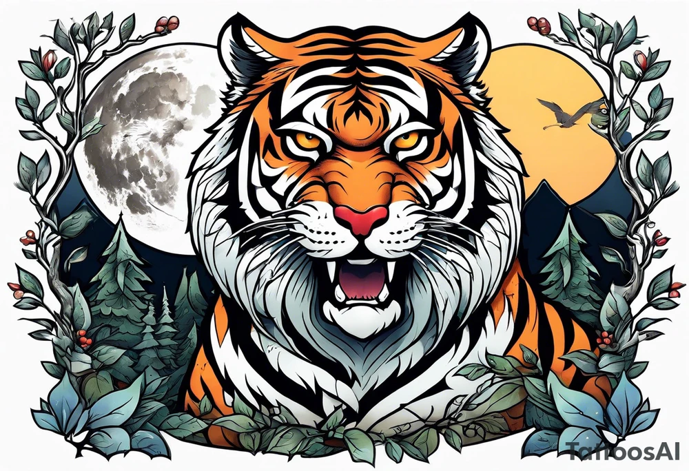 Tiger clawing a flying owl underneath a full moon in a forest tattoo idea