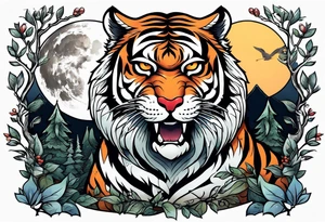 Tiger clawing a flying owl underneath a full moon in a forest tattoo idea