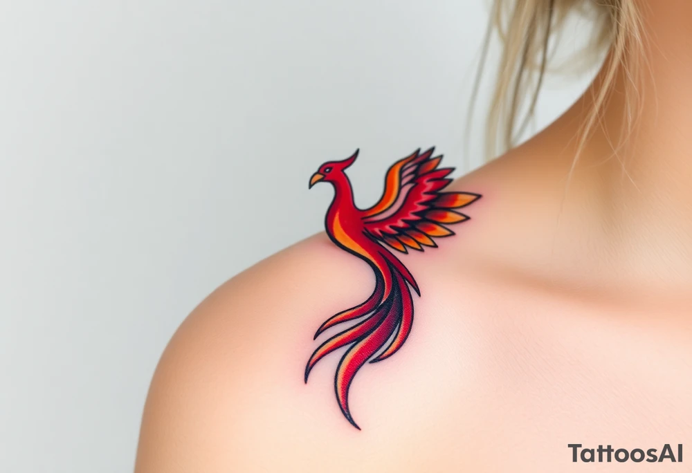 Square, phoenix rising from fire with both wings opened, colors red, pink, orange and purple. tattoo idea