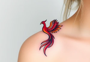 Square, phoenix rising from fire with both wings opened, colors red, pink, orange and purple. tattoo idea