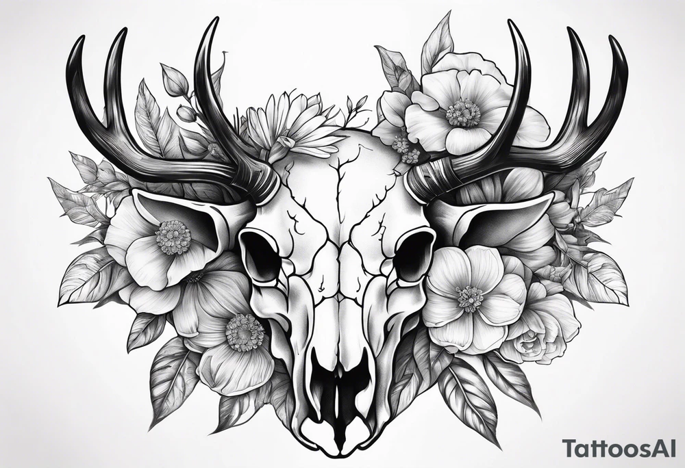Reindeer skull with the flowers on the horns tattoo idea