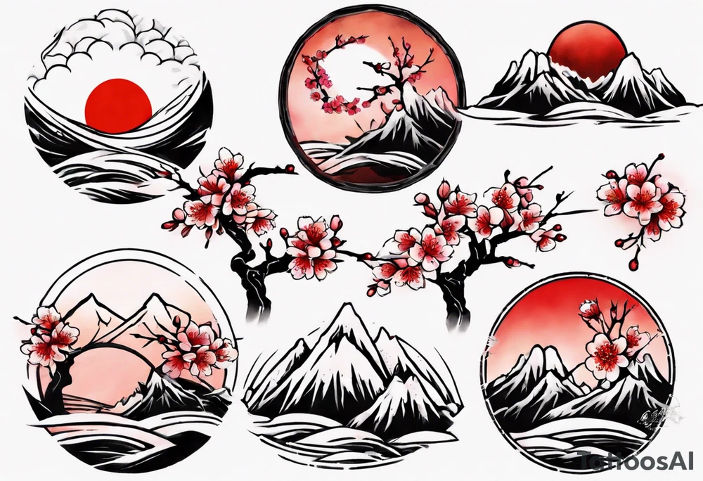 Cherry blossom red sun mountains tattoo idea