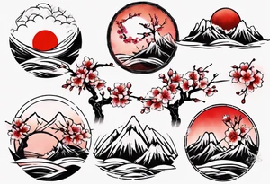 Cherry blossom red sun mountains tattoo idea