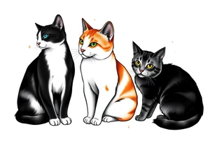 three cats, one black and white cat, one orange and white cat and one grey tabby cat tattoo idea