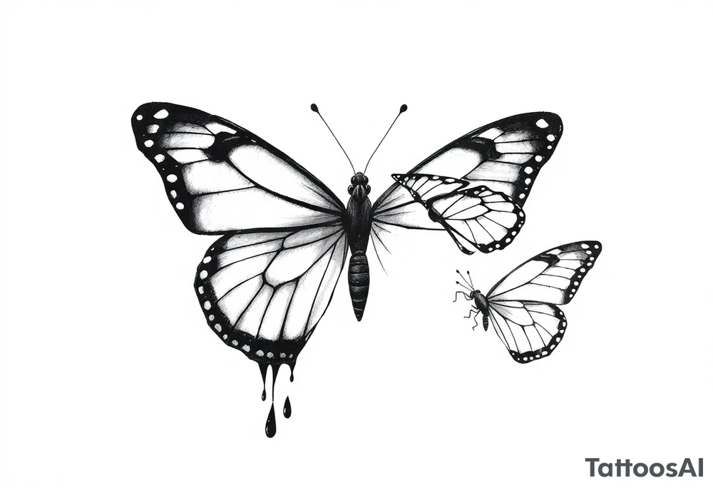 close up Bleeding butterfly and a second one who is in mental horror style and his placement is right and down from the first one tattoo idea