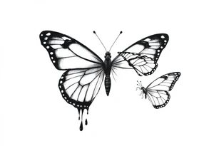 close up Bleeding butterfly and a second one who is in mental horror style and his placement is right and down from the first one tattoo idea