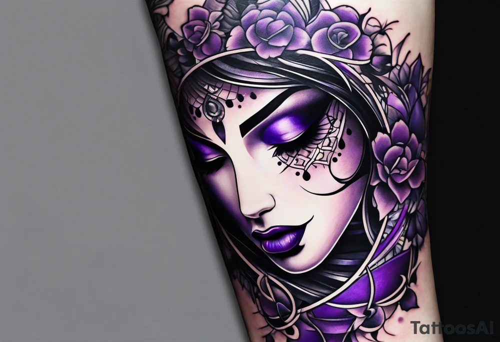lines around wrist, abstract, black and purple, covered from wrist to forearm, fully covered, no borders, blackwork, no faces tattoo idea