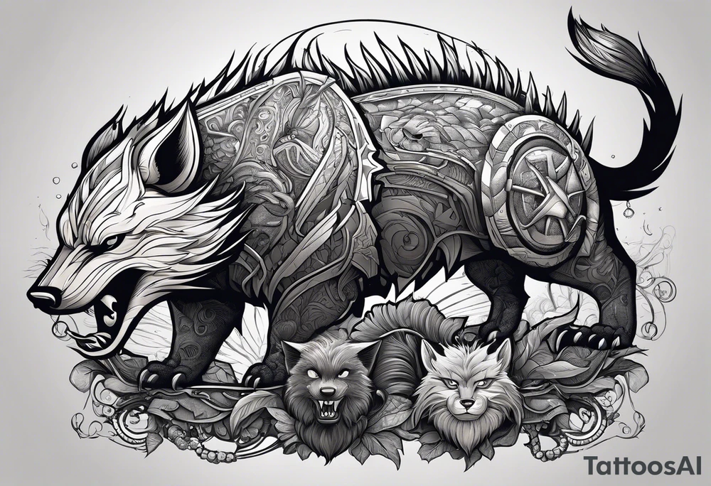 a super hero team which is combination of animals.
One is Badger/Wolverine One is Bull One is Wolf One is Axolotl One is Canary One is Lizard One is Cat tattoo idea