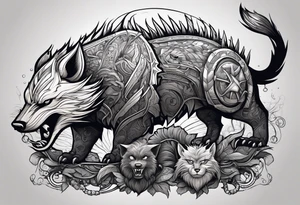a super hero team which is combination of animals.
One is Badger/Wolverine One is Bull One is Wolf One is Axolotl One is Canary One is Lizard One is Cat tattoo idea