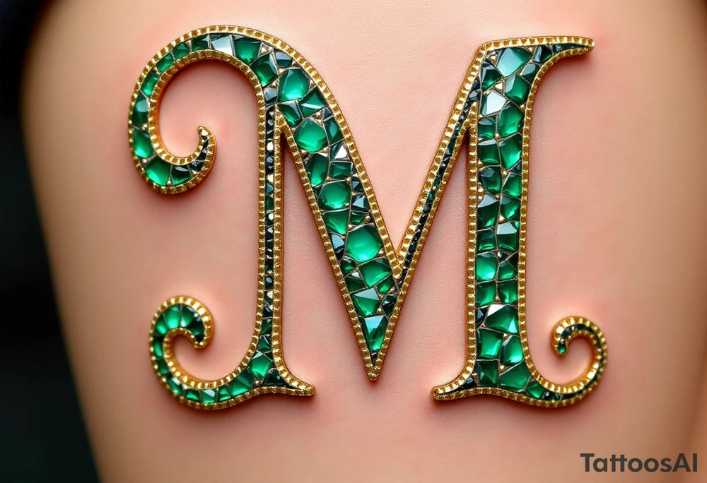 A mosaic-style "M" made of gold and emerald tiles, creating a royal effect. tattoo idea