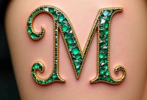 A mosaic-style "M" made of gold and emerald tiles, creating a royal effect. tattoo idea