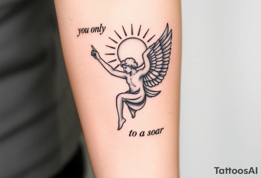 Angel falling with one hand pointed up towards a Greek like sun, with top left saying “you only fall” and the bottom right saying “to soar once again” with the font matching the majesty of the angel and sun. tattoo idea