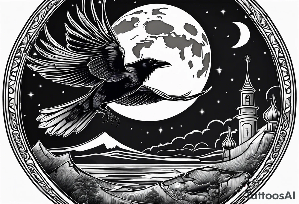 Crow with a candle mid flight with the crescent moon in the background tattoo idea