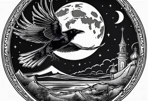 Crow with a candle mid flight with the crescent moon in the background tattoo idea