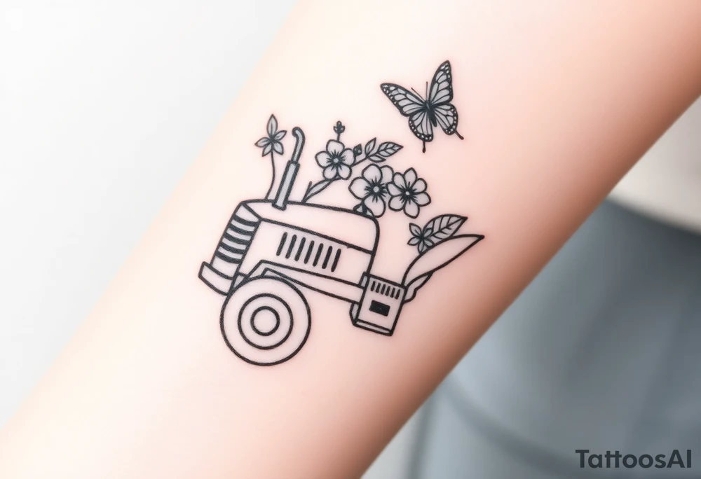 A small feminine tractor with  flowers on the tractor and butterfly tattoo idea