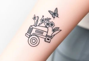 A small feminine tractor with  flowers on the tractor and butterfly tattoo idea