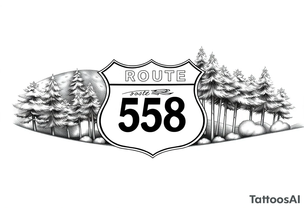 Arm sleeve State Route sign 558, with trees all around and farm in background, road w/ view tattoo idea