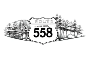 Arm sleeve State Route sign 558, with trees all around and farm in background, road w/ view tattoo idea