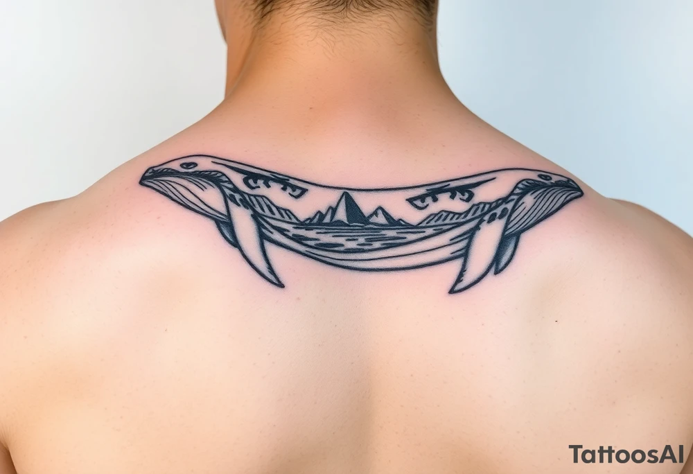 tribal whales with Rangiroa archipel on the back tattoo idea