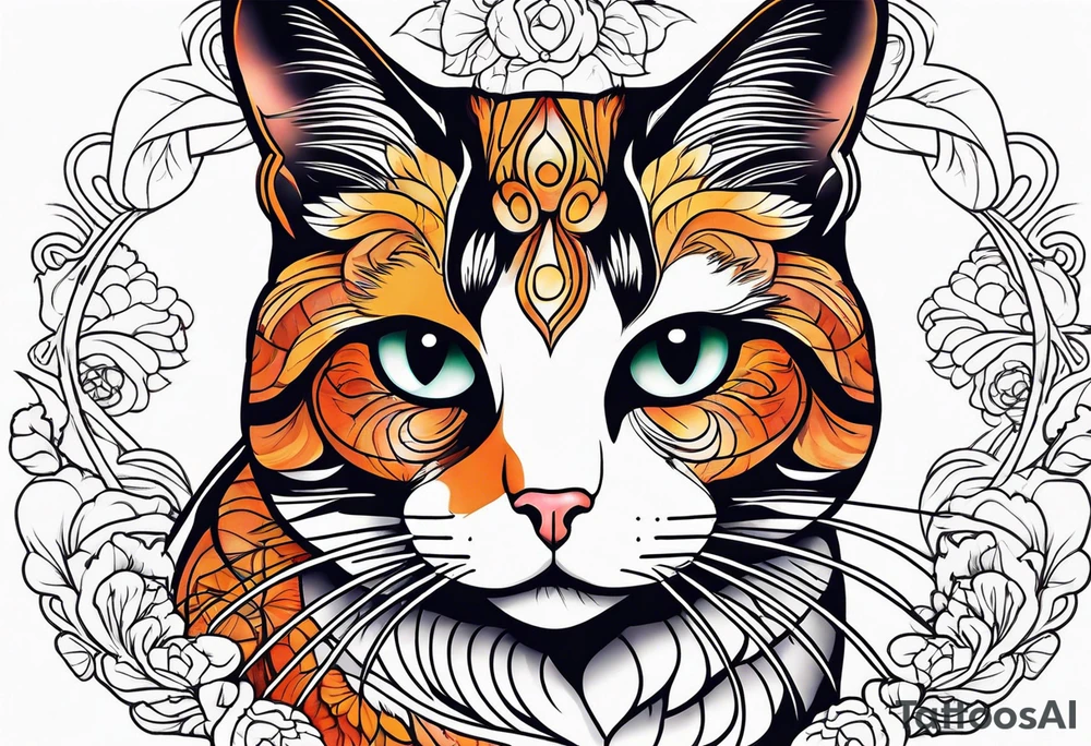 calico cat with blended lines tattoo idea
