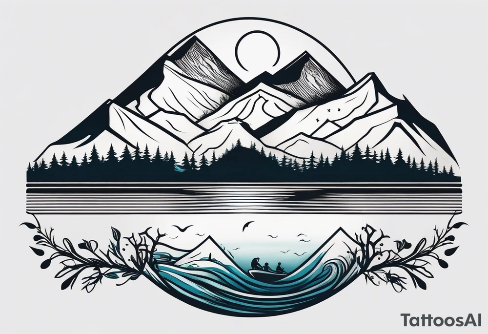 This is a minimalistic tattoo that is split into 2 sections; a top half and a bottom half. The top half is a mountain in Norway with a mountain bike trail winding down the mountain. The bottom half of the tattoo depicts an underwater scene featuring water, and sea life. tattoo idea