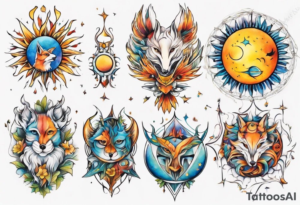 fisch, fuchs und eule , symetrie  sonne, universum, bunt, " sapere aude" tattoo idea