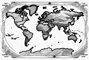 world map, coordinates lines, airplane flying, chip cargo on waves tattoo idea