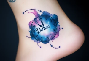 A clock made from swirling galaxies with name "Denisa" and date "08. 06. 2024", symbolizing a love that was destined in the stars, in deep blues, purples, and silver tattoo idea