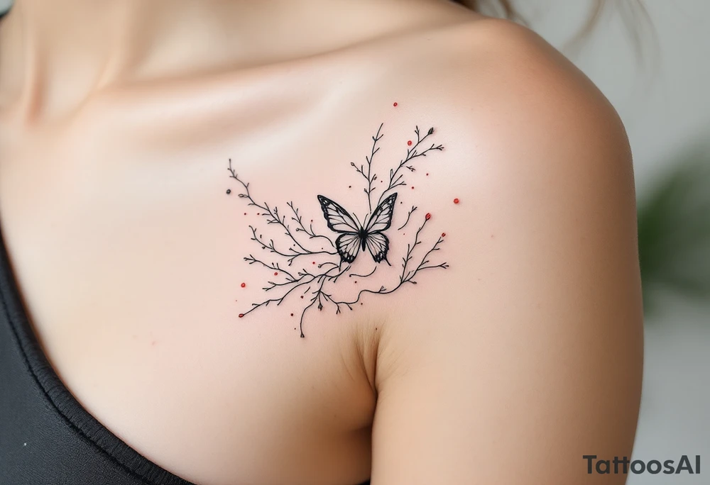 A minimalistic fine-line tattoo on light skin, depicting an abstract butterfly in motion. The butterfly’s wings are flowing and delicate, with organic, smoke-like extensions and botanical elements resembling twigs or coral subtly incorporated into the lines. The design uses thin black ink lines with occasional soft red accents. Ethereal, feminine, and airy composition with a dreamy, surreal aesthetic. tattoo idea