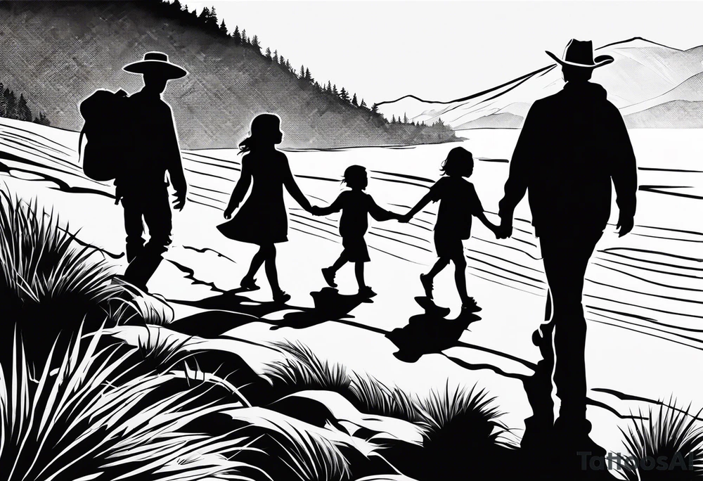 A shadow of a family of four walking through the Pacific northwest landscape. Faith centered and add Mexican culture .  Add border with importance of faith tattoo idea